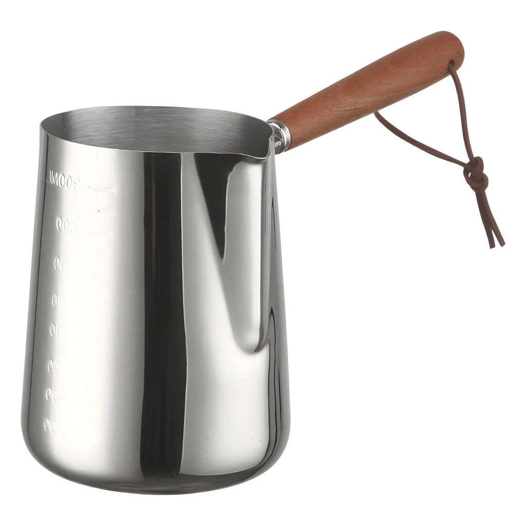 Stainless steel coffee cup with wooden handle and interior measuring scale
