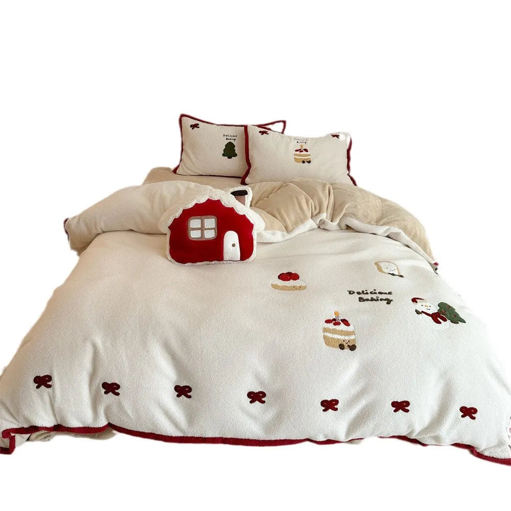 Winter Christmas cartoon bedding four-piece set with Xuefu Milk Pastry design on polyester bed sheet, duvet cover, and pillowcases