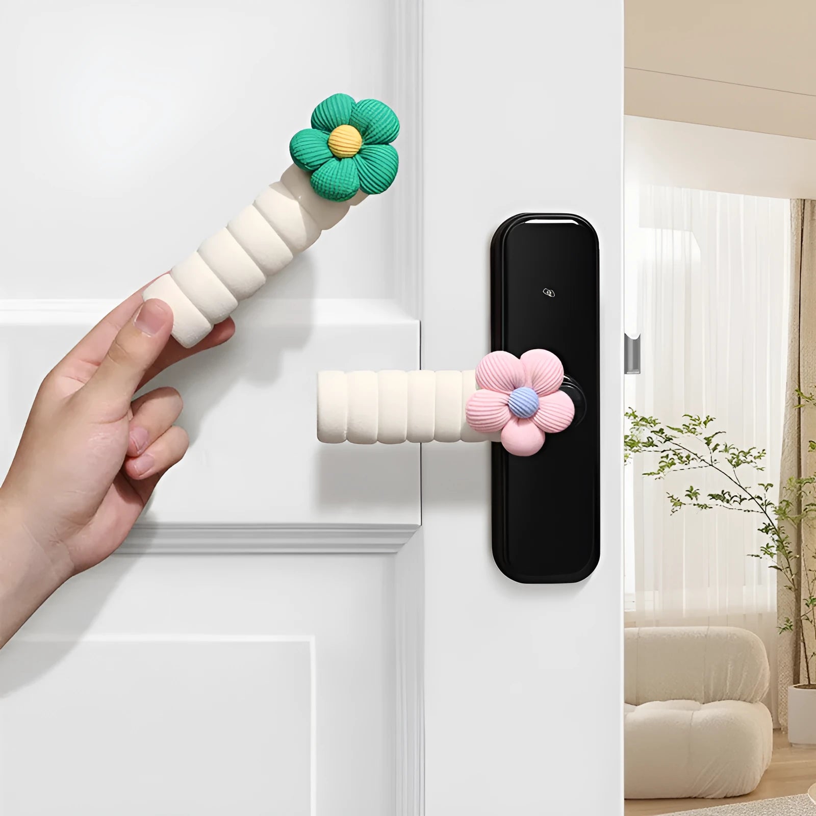 Round floral door handle protective cover in various colours showing PEVA construction