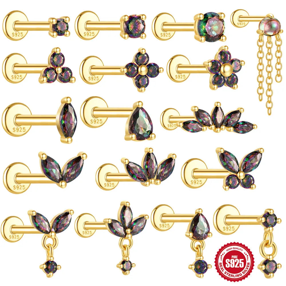 S925 sterling silver thread piercing earring with a flat head rainbow stone in a gold tone.