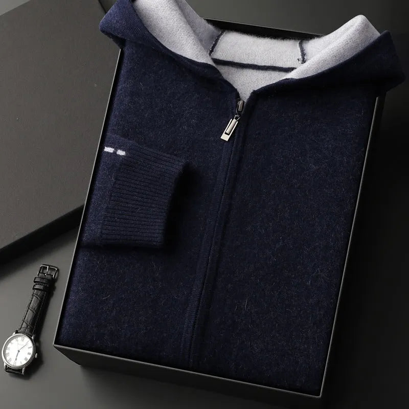 Men's dark blue cashmere cardigan with half-high collar zipper and long sleeves
