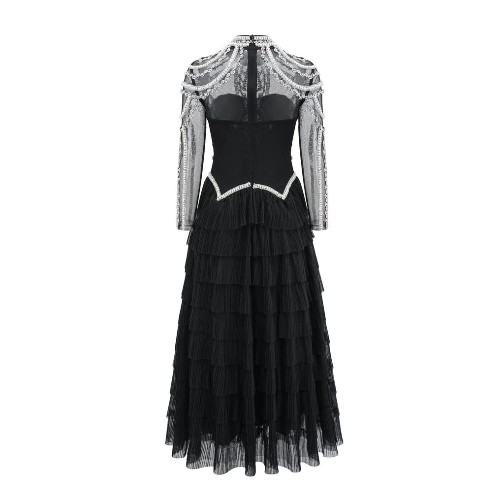 Women's black beaded long sleeve evening dress with three-dimensional decoration and mid-waist design