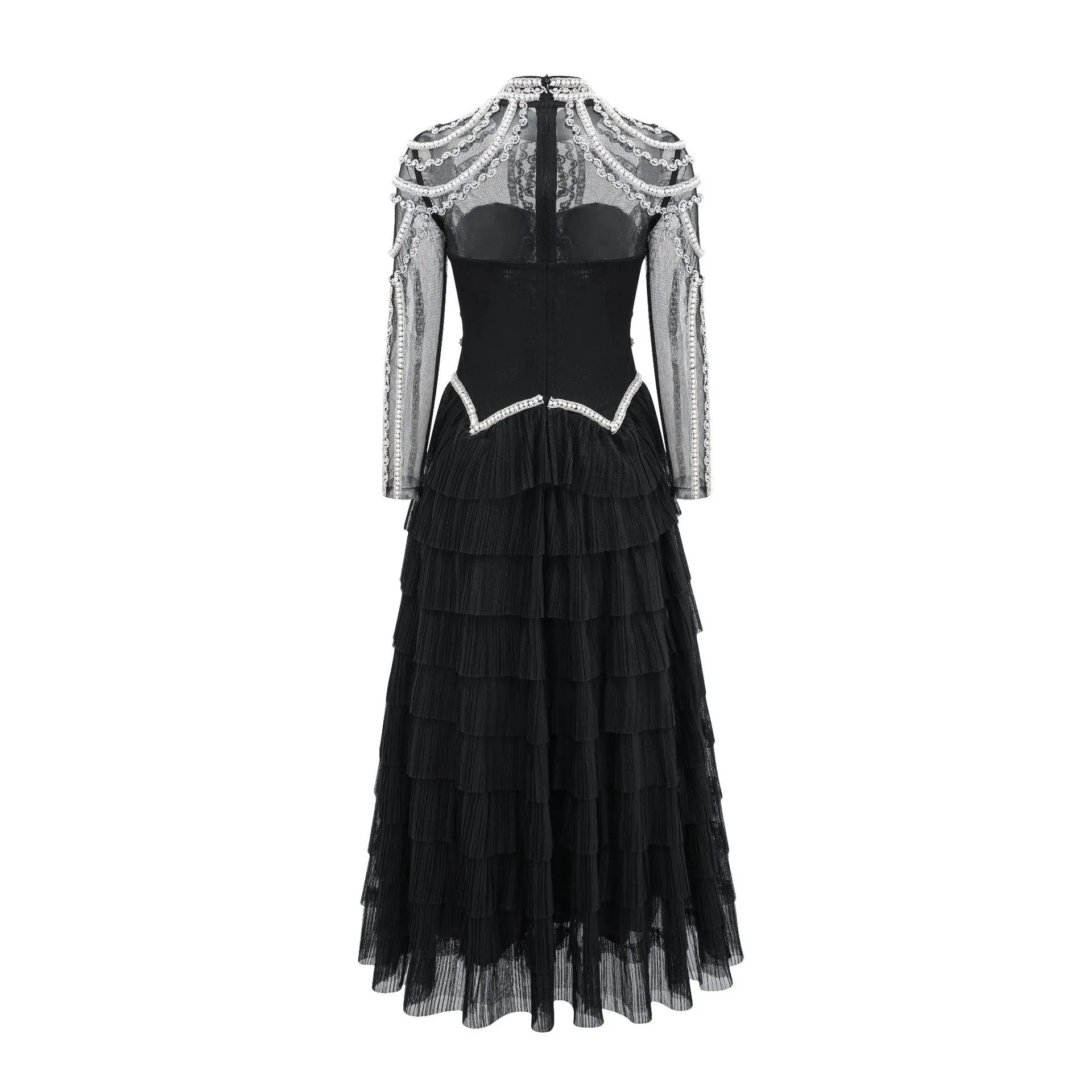 Women's black beaded long sleeve evening dress with three-dimensional decoration and mid-waist design