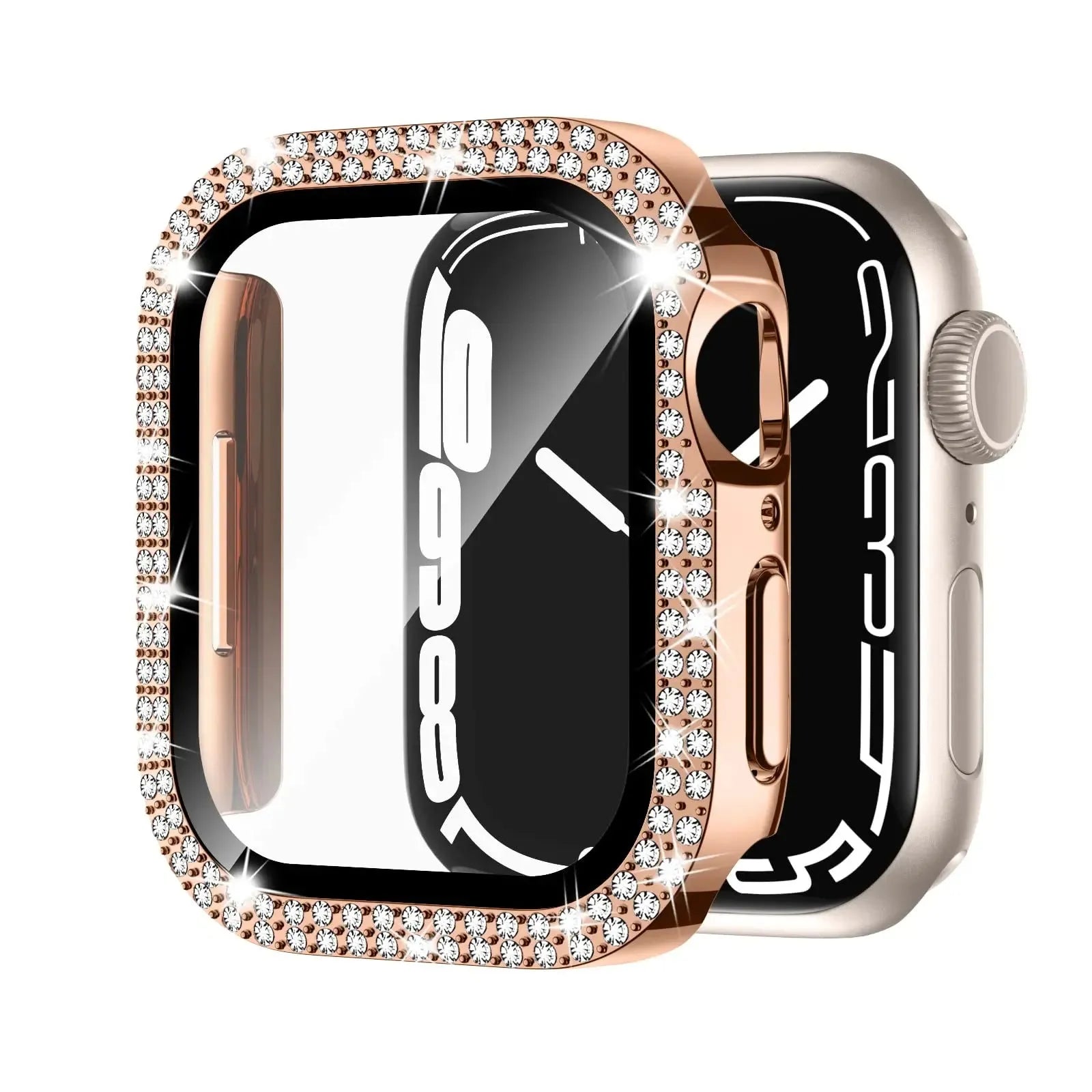 Double diamond glass Apple Watch case in rose pink, showing screen protection for a smartwatch.
