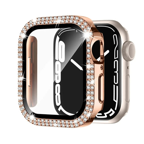 Double diamond glass Apple Watch case in rose pink, showing screen protection for a smartwatch.