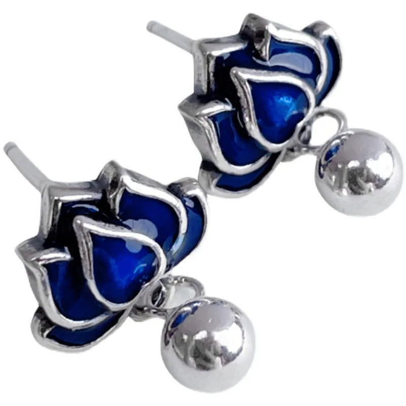 Blue lotus seedpod and tassel drop earrings for women, alloy with silver needle, 1.2cm wide.