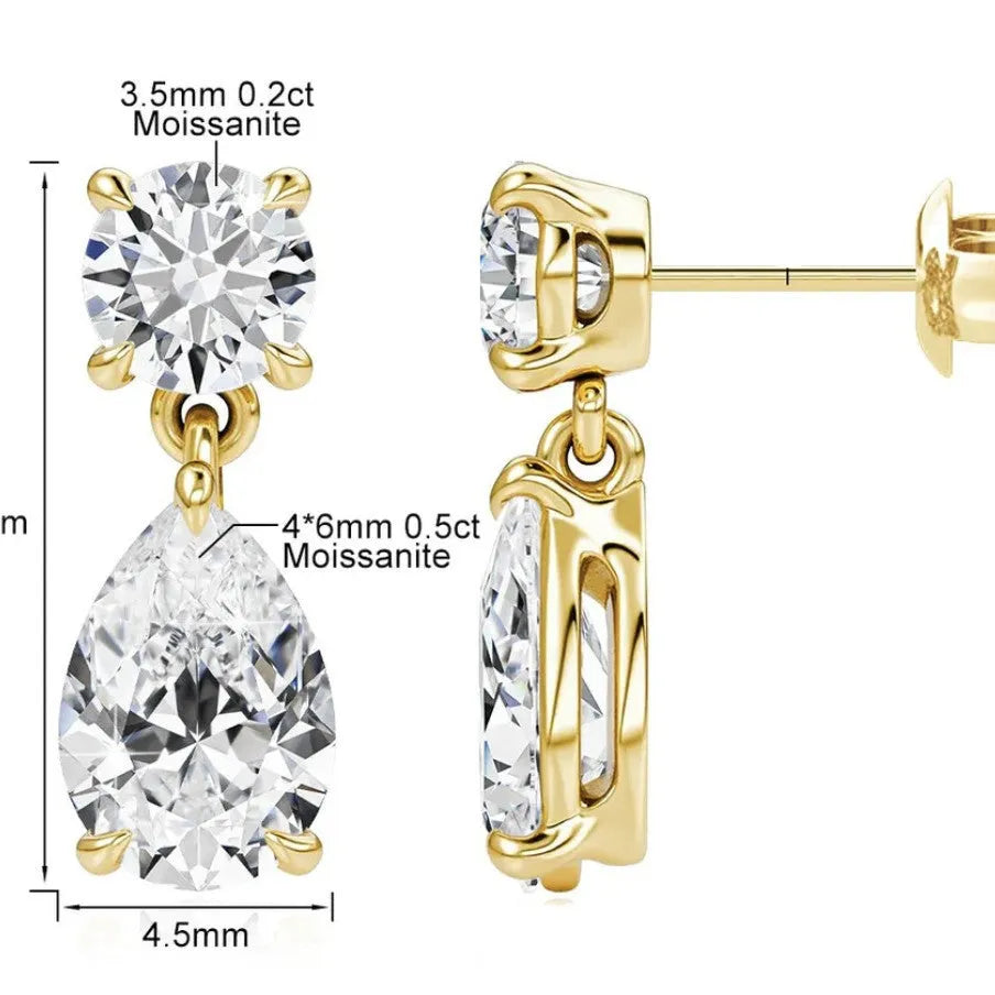 Water drop moissanite stud earrings in sterling silver with geometric shapes and gold/silver plating options