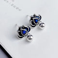 Blue lotus seedpod and tassel drop earrings for women, alloy with silver needle, 1.2cm wide.
