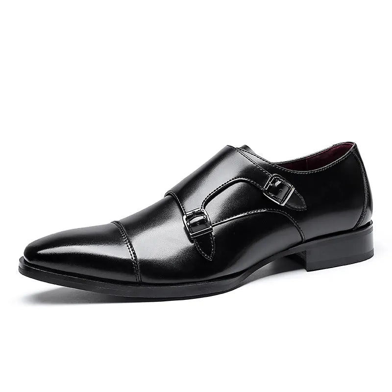 Men's black and light brown leather shoes with square toe and rubber sole in British gentleman style