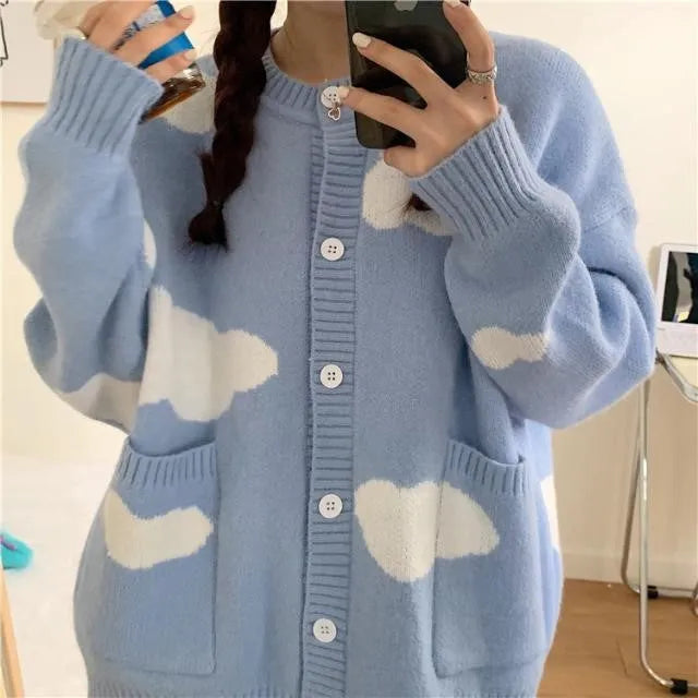 Blue cloud pattern women's cardigan sweater with loose fit and long sleeves