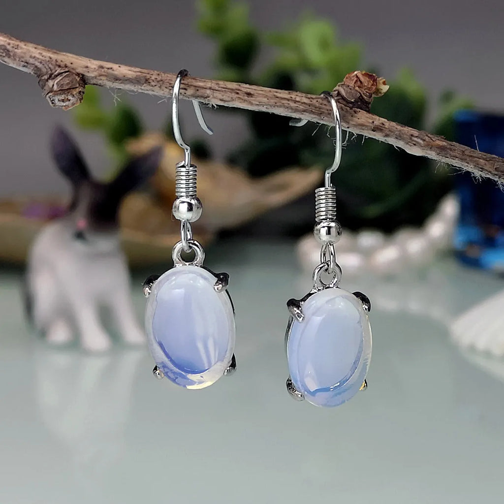 Opal earrings with cross pendant in drop shape, moonlight white colour, retro simple style