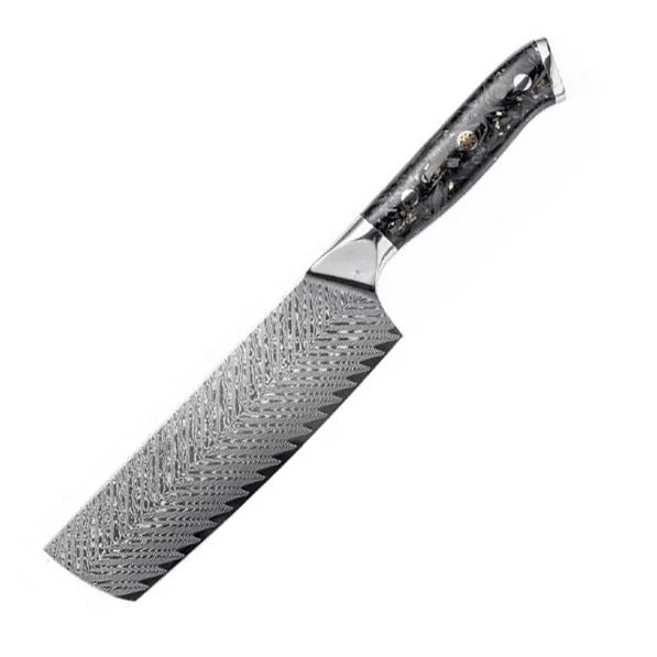 Damascus steel 8-piece kitchen knife set showing fishbone pattern on blades