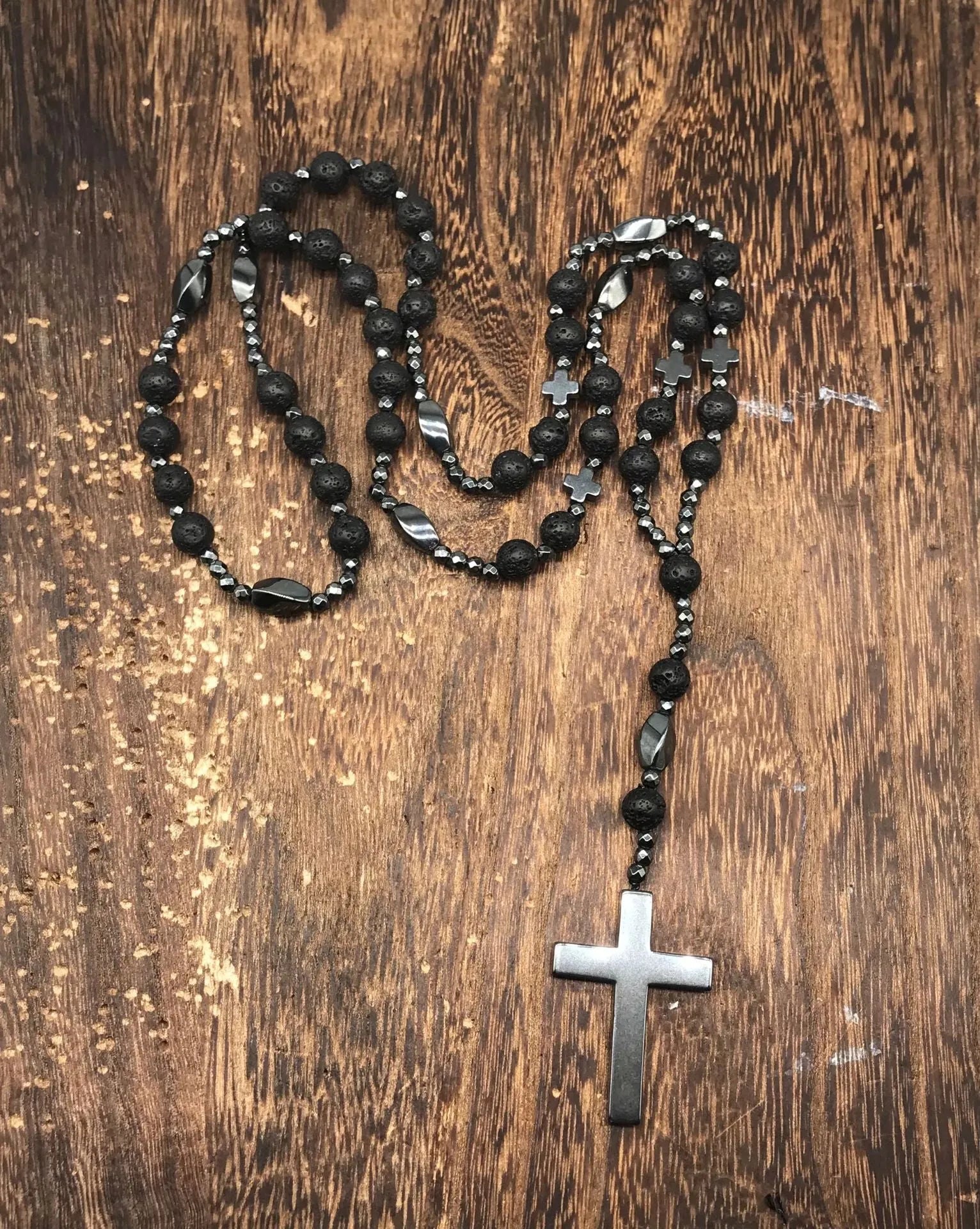 Men's stone cross pendant necklace with hand-woven detail on ball bead chain