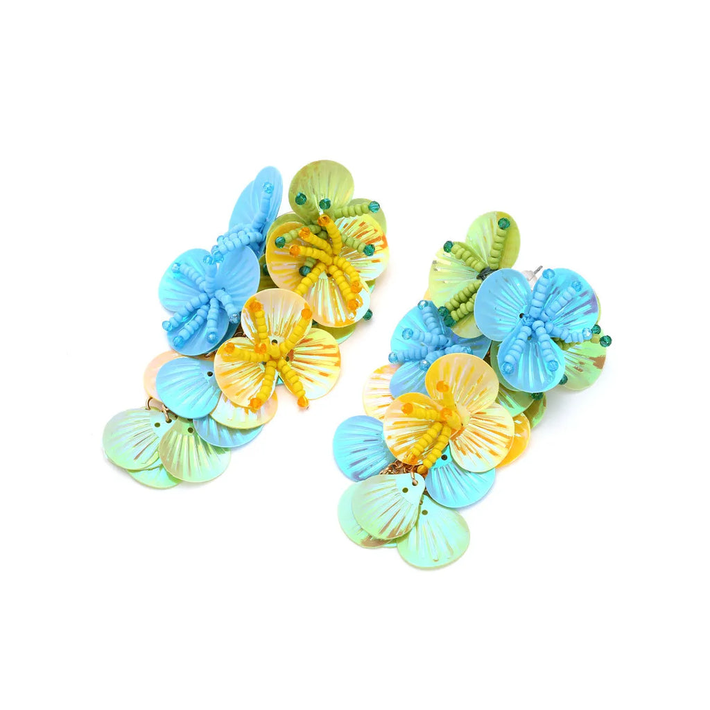 Handmade colourful flower earrings with string bead design in rose and purple tones