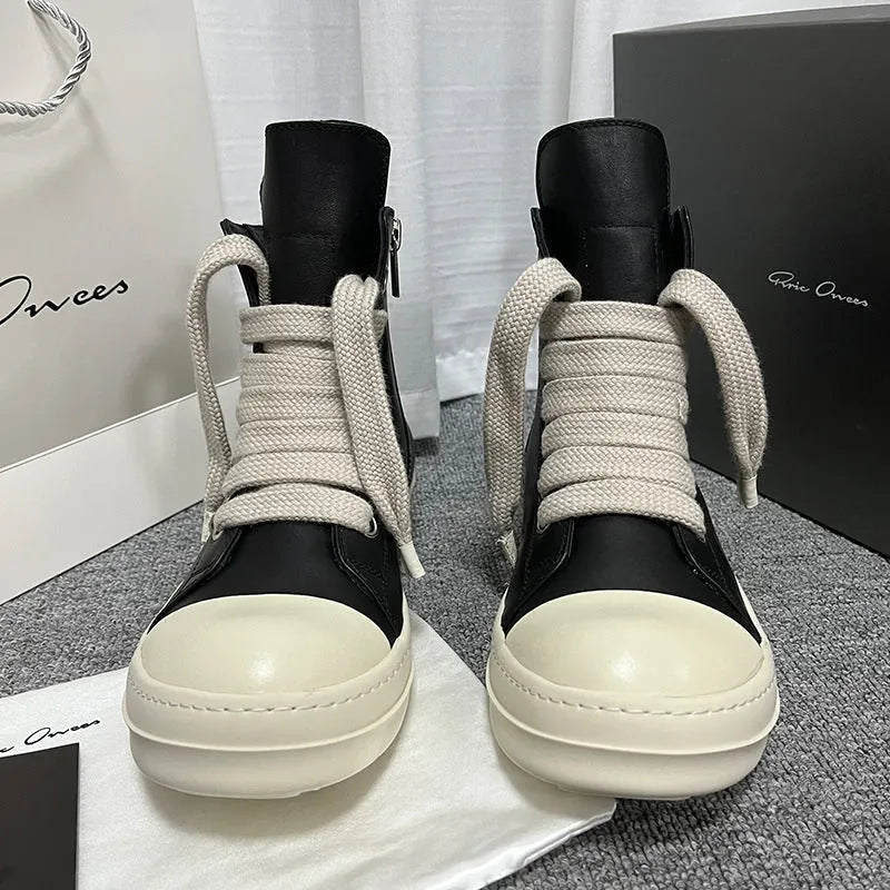 High-top leather sneakers with side zipper in black, creamy white, rose red, and olive green colours