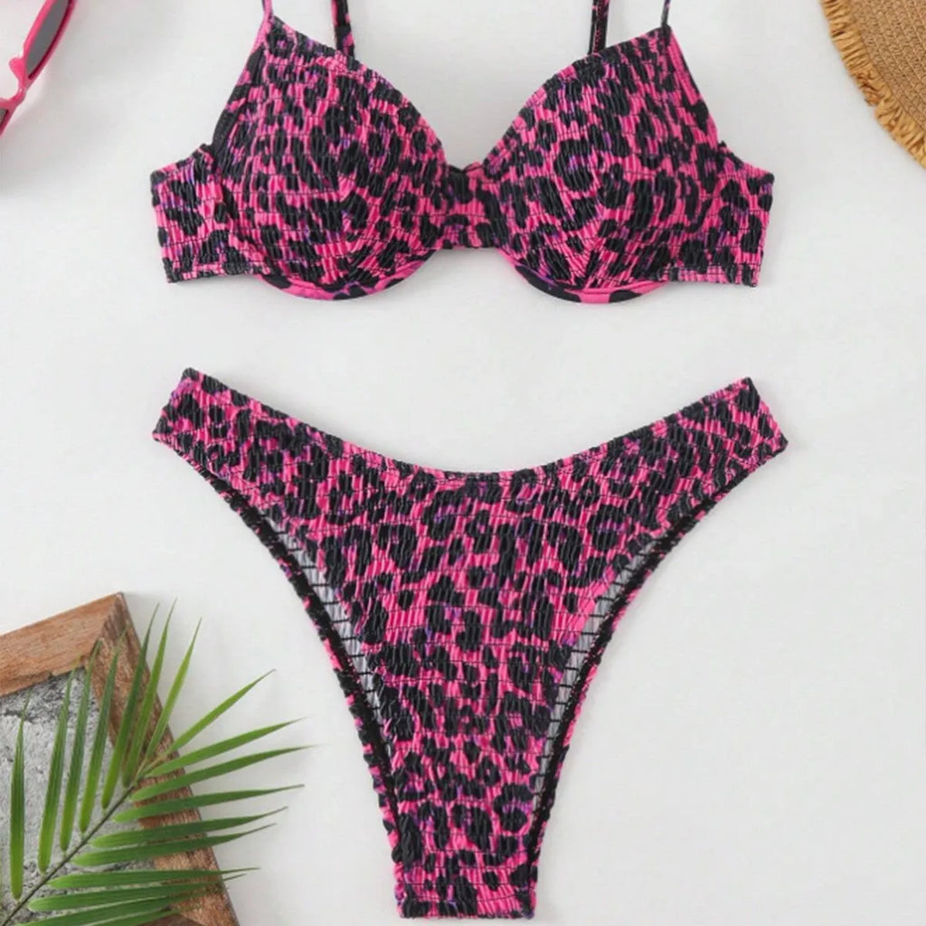 Leopard print backless bikini swimsuit for women in polyester with spandex lining
