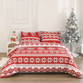 Red Winter Sleepers patterned quilt cover and pillowcases on a bed, modern simplicity style.