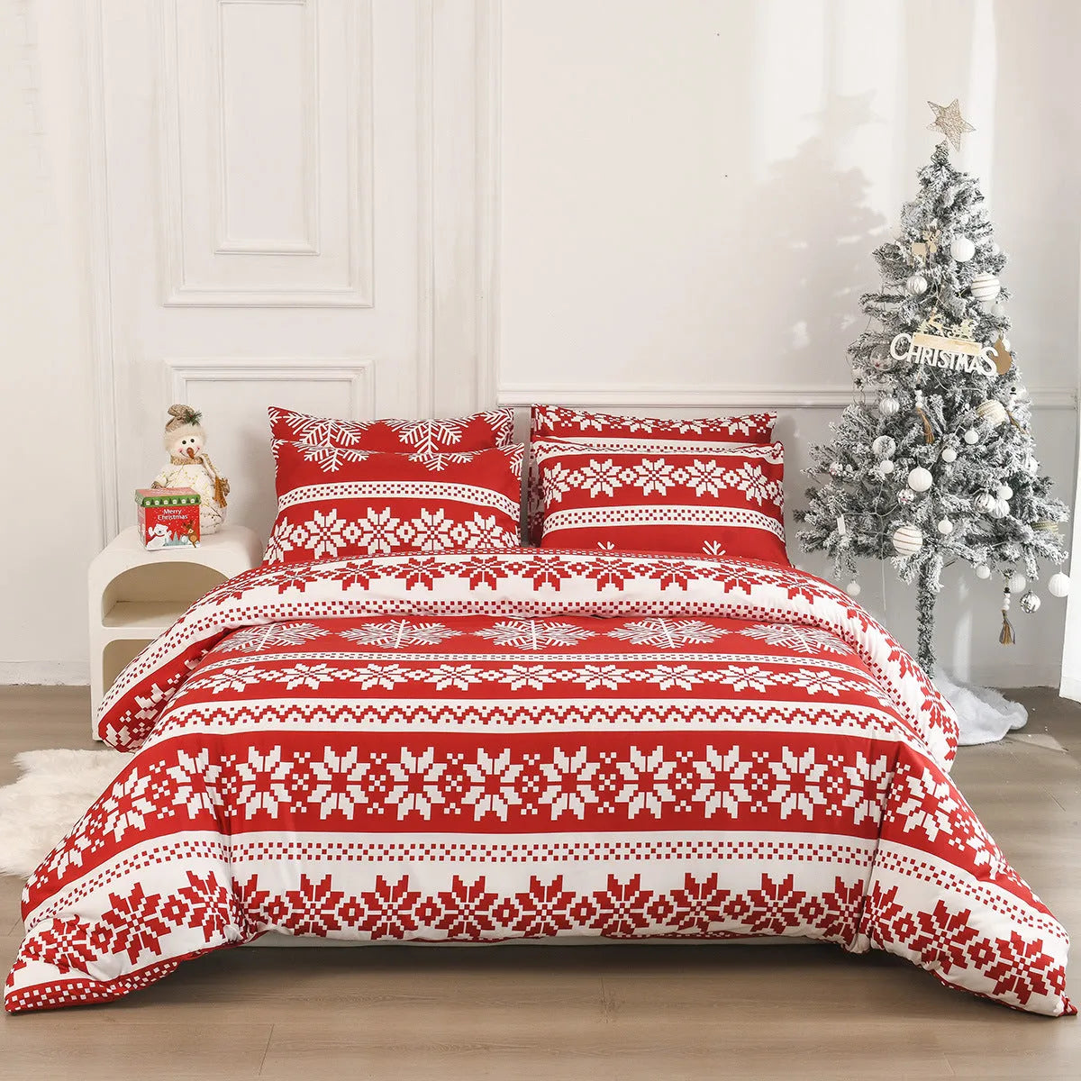 Red Winter Sleepers patterned quilt cover and pillowcases on a bed, modern simplicity style.