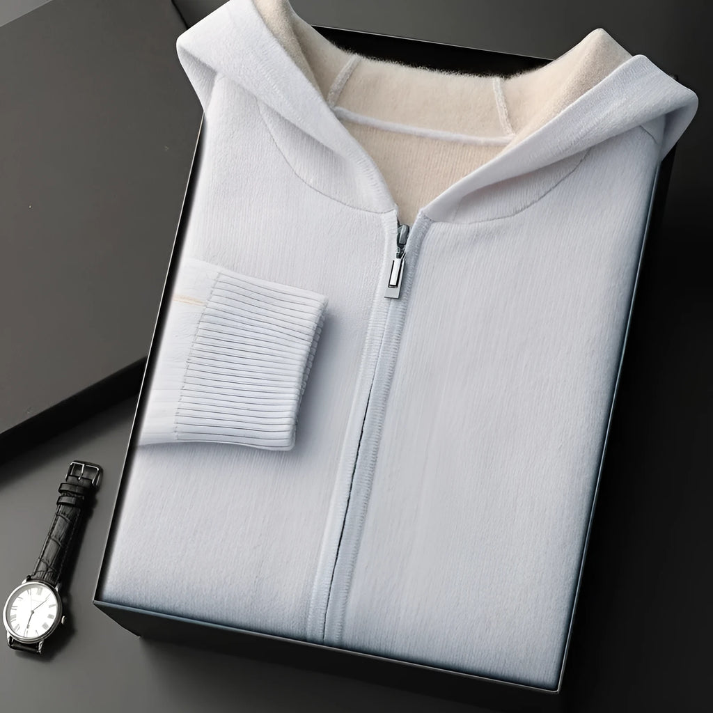 Men's dark blue cashmere cardigan with half-high collar zipper and long sleeves