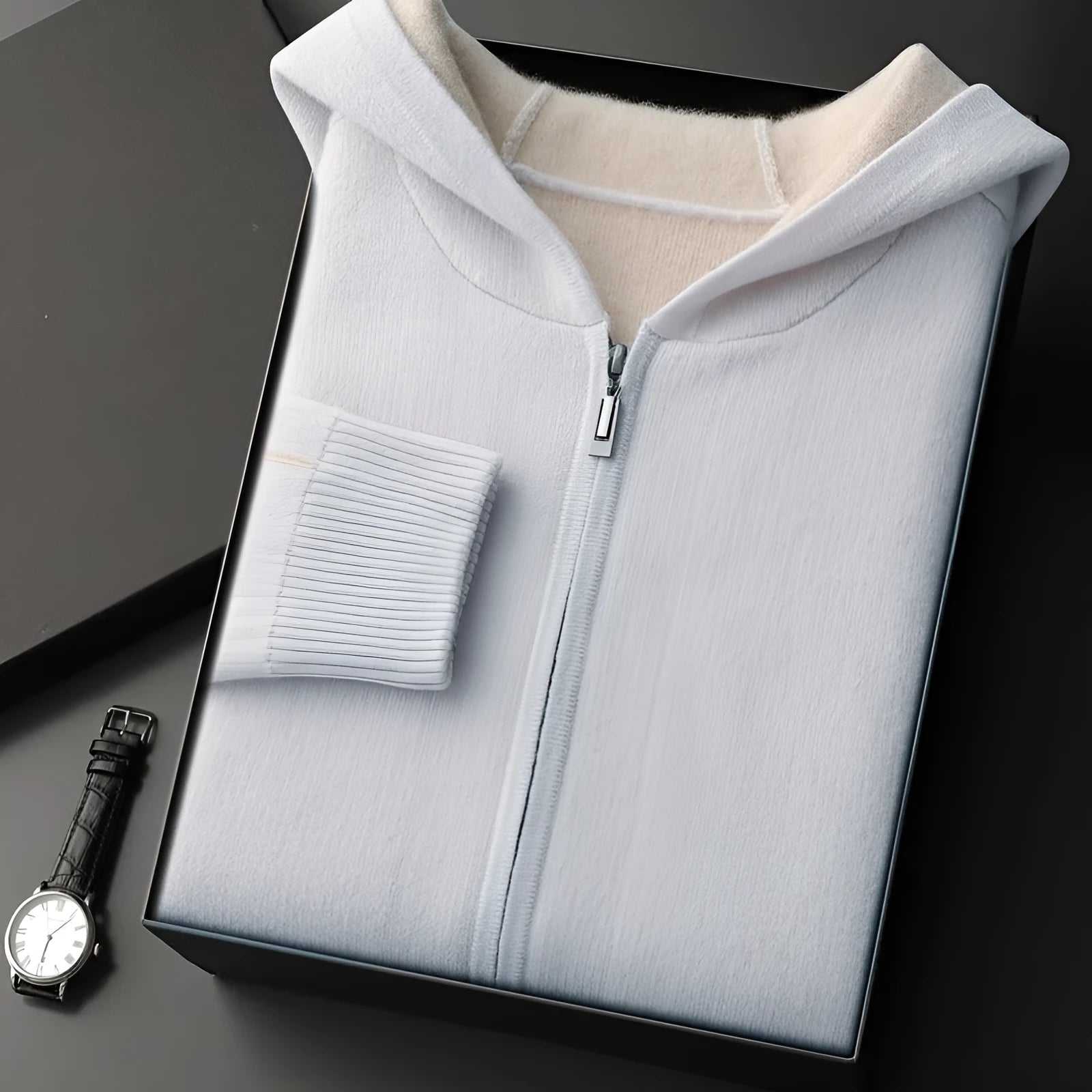 Men's dark blue cashmere cardigan with half-high collar zipper and long sleeves