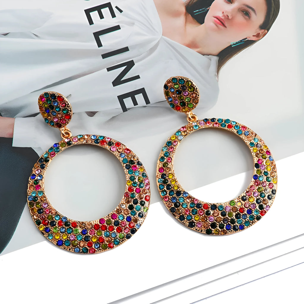 Colourful cartoon style large round pendant earrings with metal alloy construction