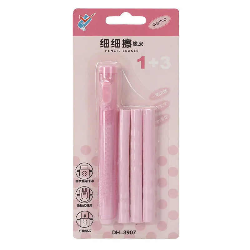 Children's push-type automatic eraser in blue, green, pink, or purple colours showing 12cm by 8cm dimensions