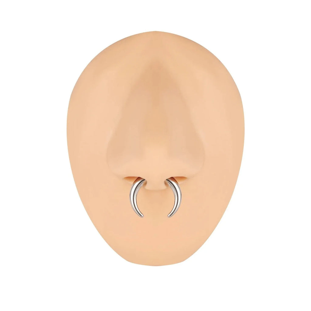 316 stainless steel C-shaped nose ring with buffalo horn detail in black and steel colour, showing size options.
