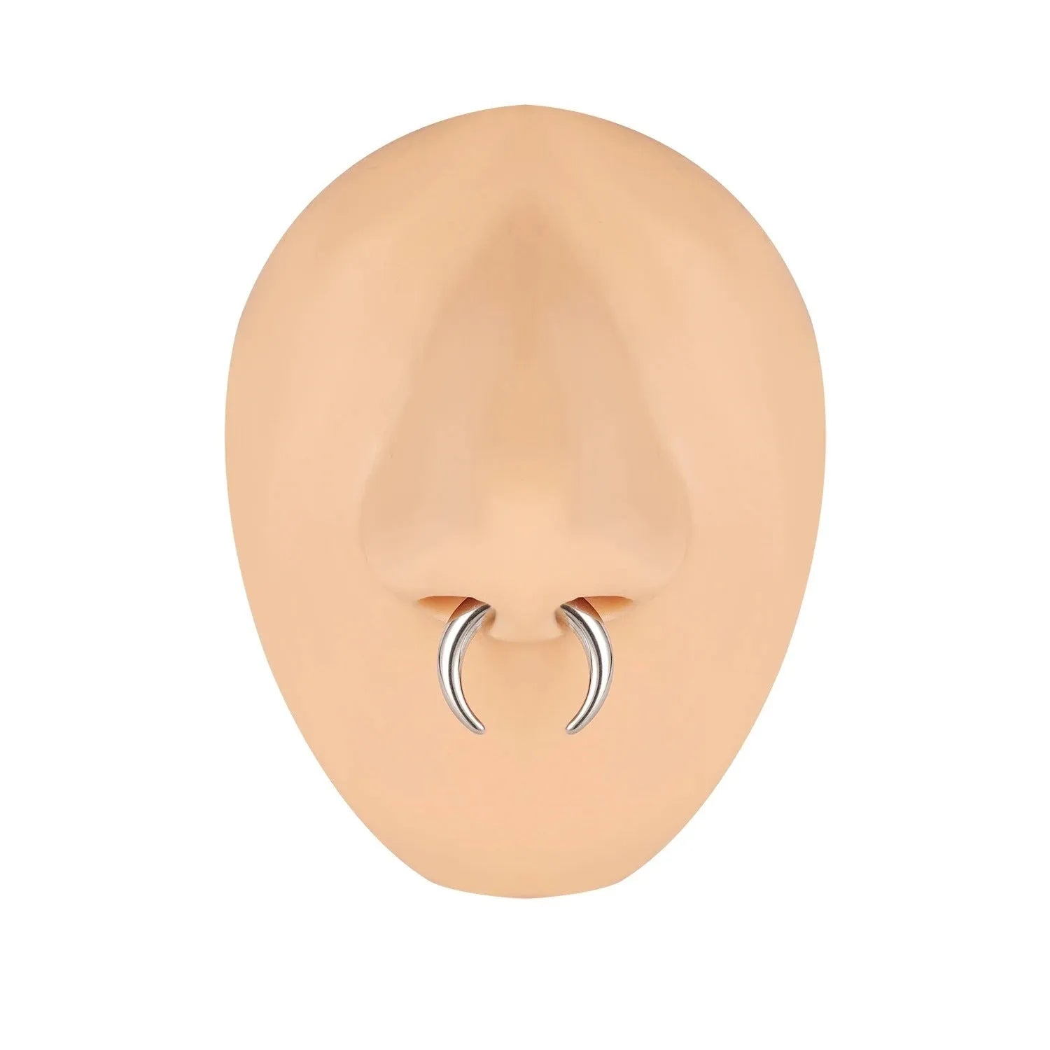 316 stainless steel C-shaped nose ring with buffalo horn detail in black and steel colour, showing size options.