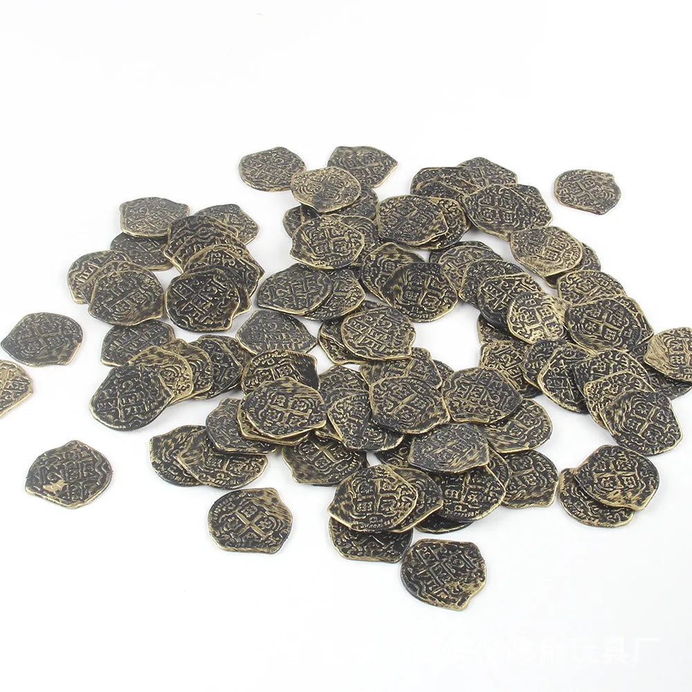 Set of 100 electroplated Roman coin replicas in gold, silver, or bronze finishes for pirate treasure displays