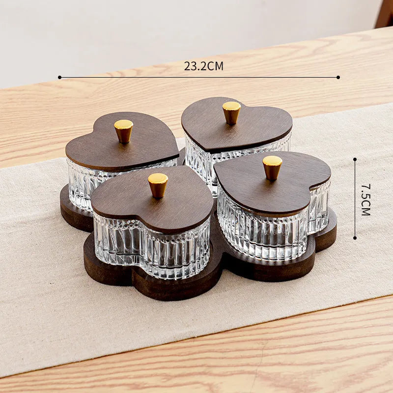 Glass fruit platter set with transparent heart-shaped lid in mild luxury retro style