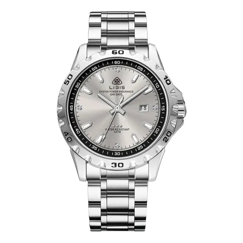 Men's silver business watch with luminous dial and stainless steel strap in black or grey options