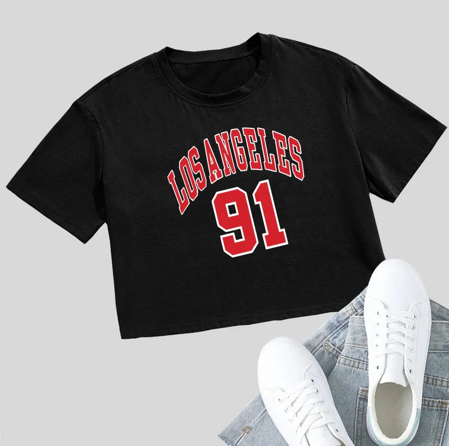 A black loose-fit cotton T-shirt with an exposed navel design and personalised English text printing on the front.