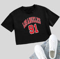 A black loose-fit cotton T-shirt with an exposed navel design and personalised English text printing on the front.