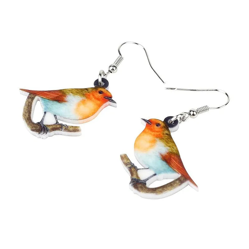 A pair of blue titmouse and snake design acrylic pendant earrings with geometric shape.