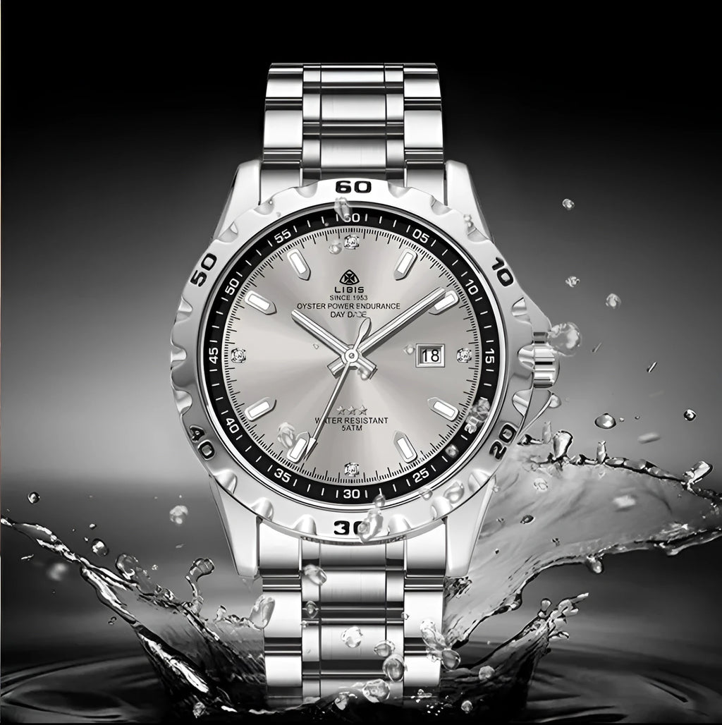 Men's silver business watch with luminous dial and stainless steel strap in black or grey options