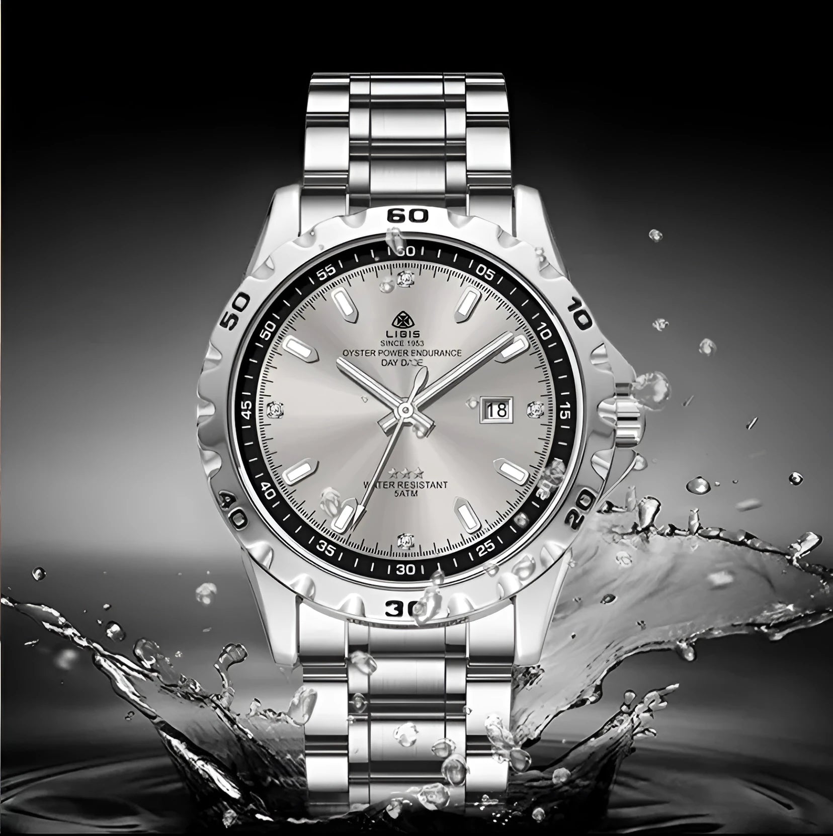 Men's silver business watch with luminous dial and stainless steel strap in black or grey options