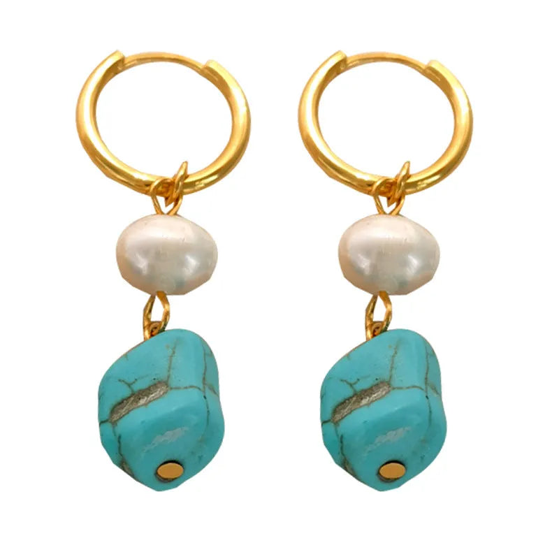A pair of long and a pair of short geometric clip-on earrings with turquoise and cultured pearls.