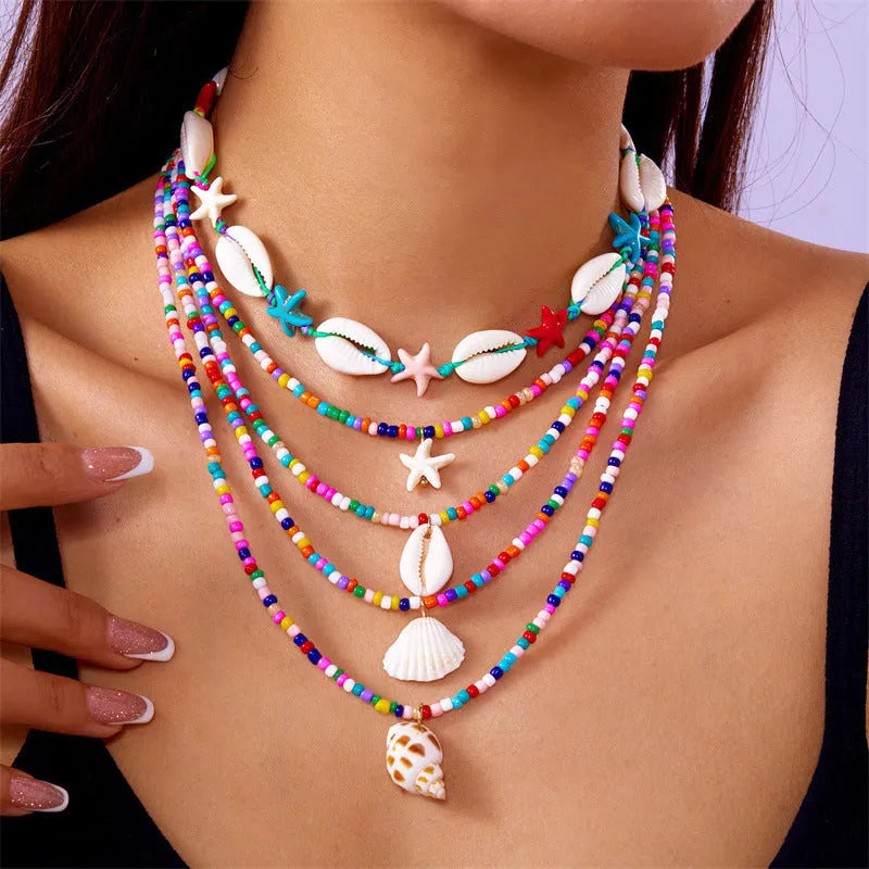 Women's 5-piece starfish shell bead necklace set with adjustable perimeter