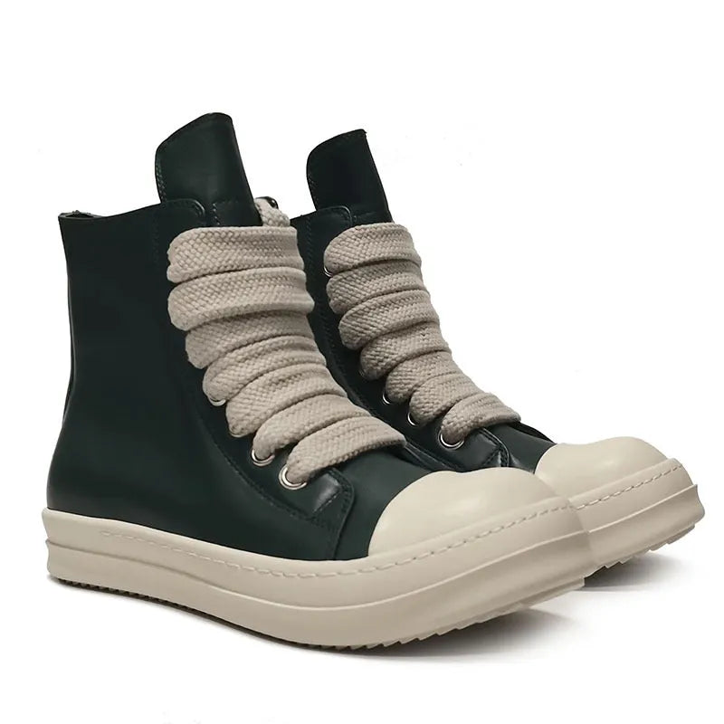 High-top leather sneakers with side zipper in black, creamy white, rose red, and olive green colours