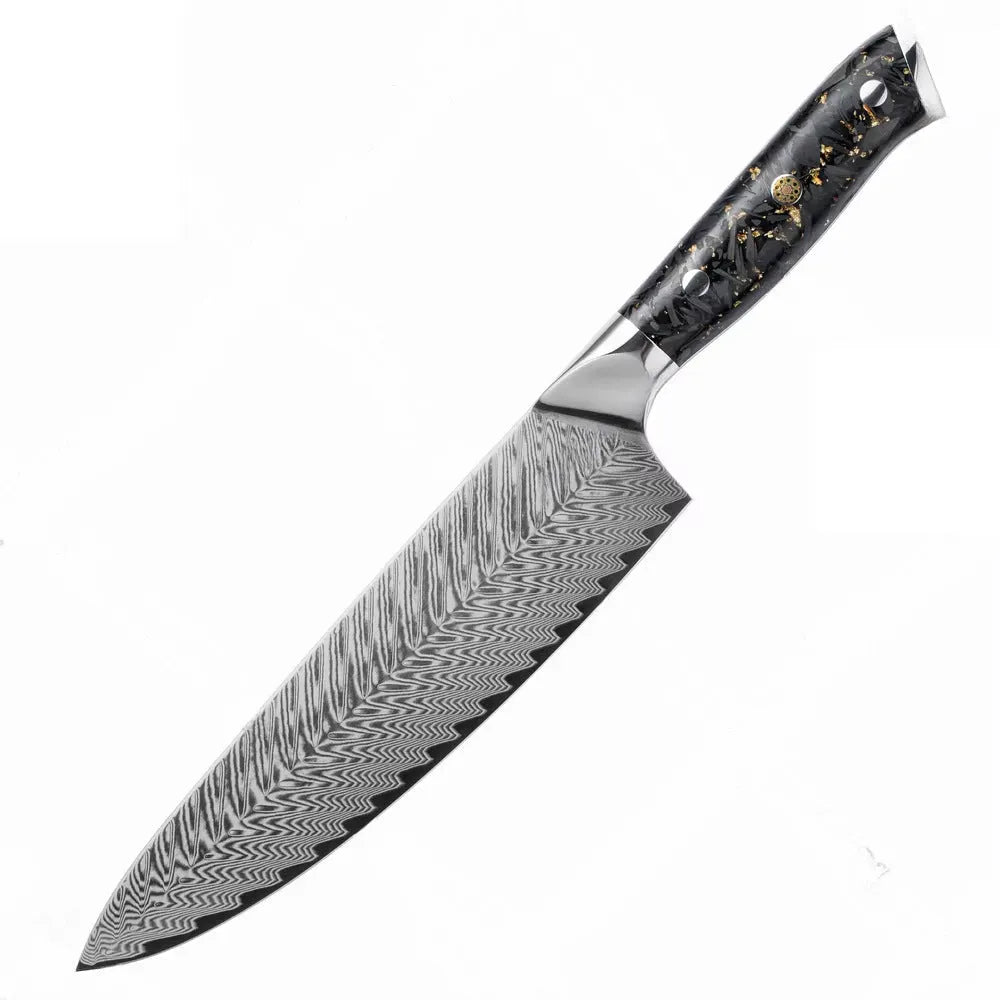 Damascus steel 8-piece kitchen knife set showing fishbone pattern on blades