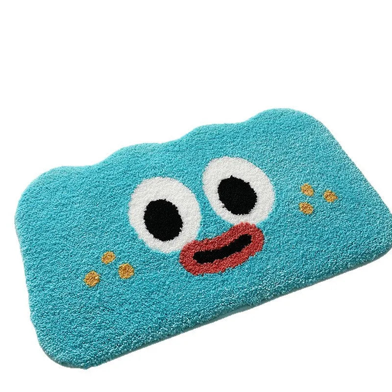 Cartoon anime character printed bathroom mat in green, blue, pink, black, or white, available in three sizes.