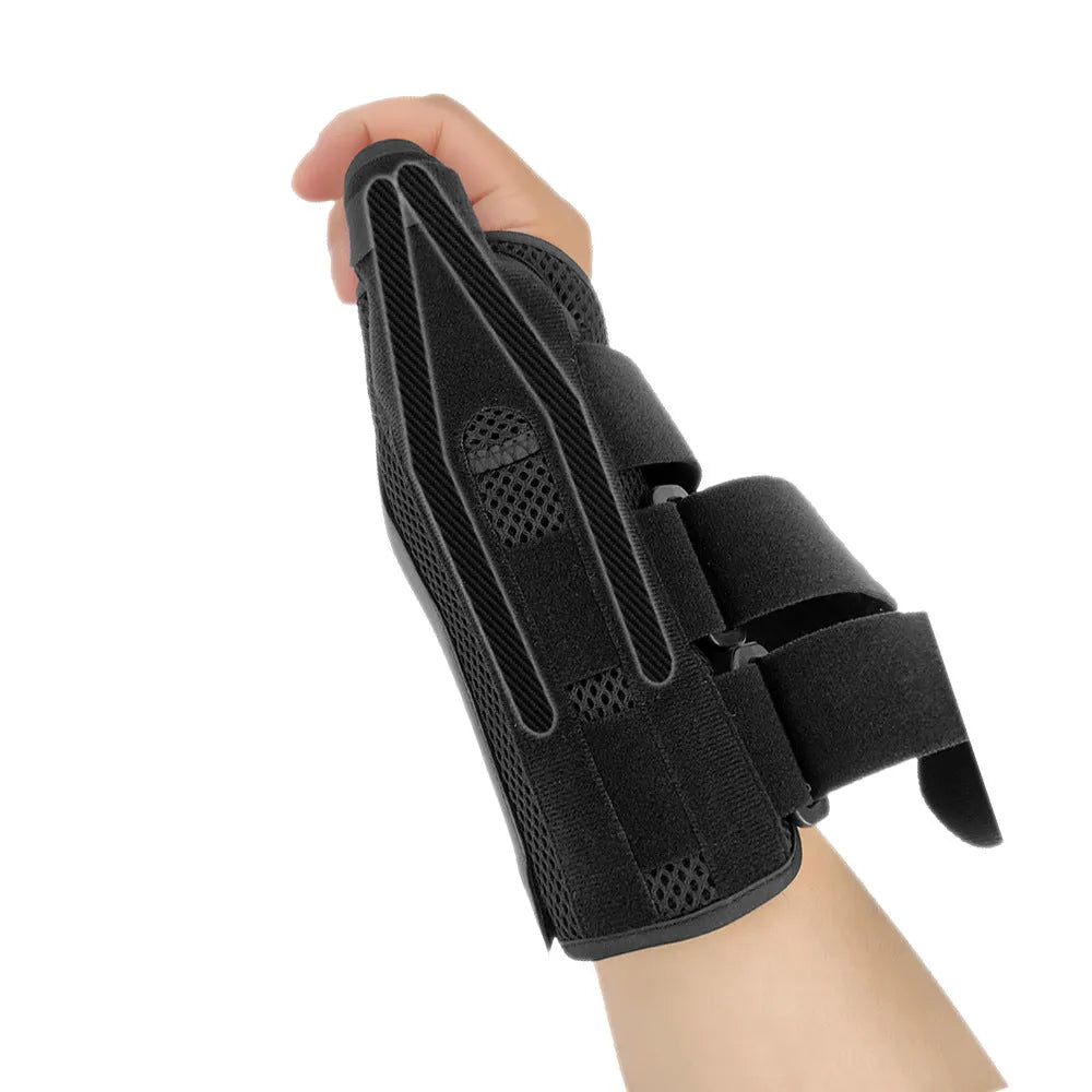 Carbon fibre sports wrist guard with thumb strap shown in black with grey edging, for left or right hand.