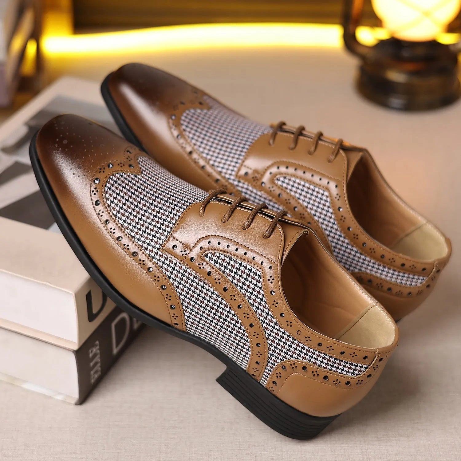 Man's imitation houndstooth plaid casual shoe in black with square toe and lace-up front.