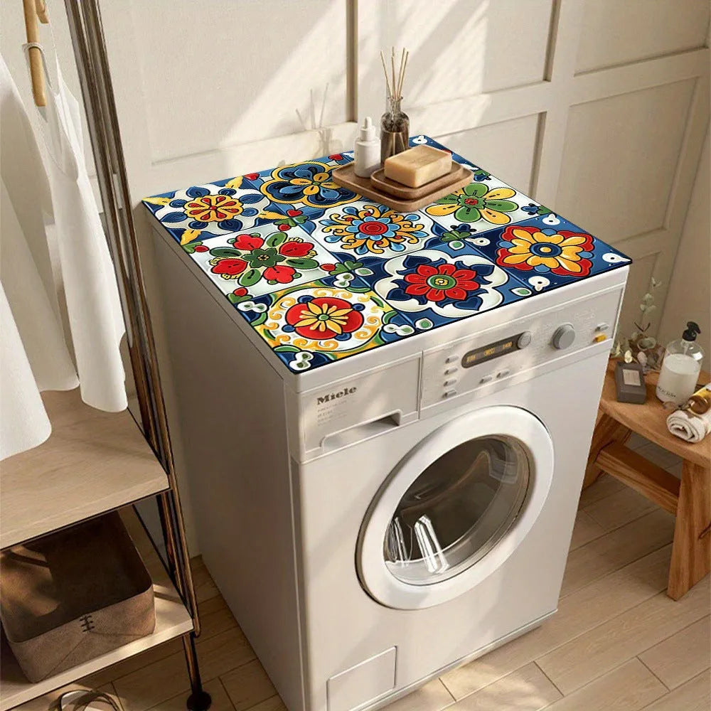 Dustproof absorbent washing machine mat with abstract print in front of a washing machine