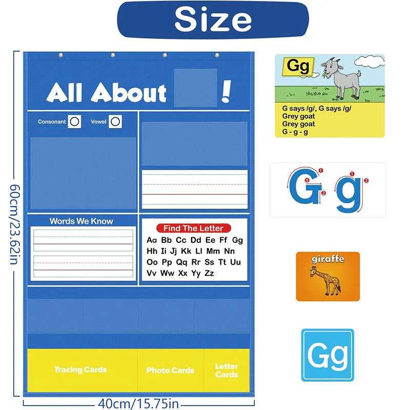 Alphabet learning sleeve table chart with a large set of educational cards for home use.