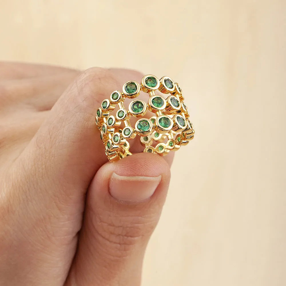 Wide copper ring with 18K gold plating and green zircon stones, unisex jewellery