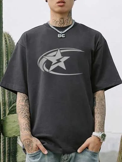 Men's black pure cotton short sleeve t-shirt with Japanese retro style print.