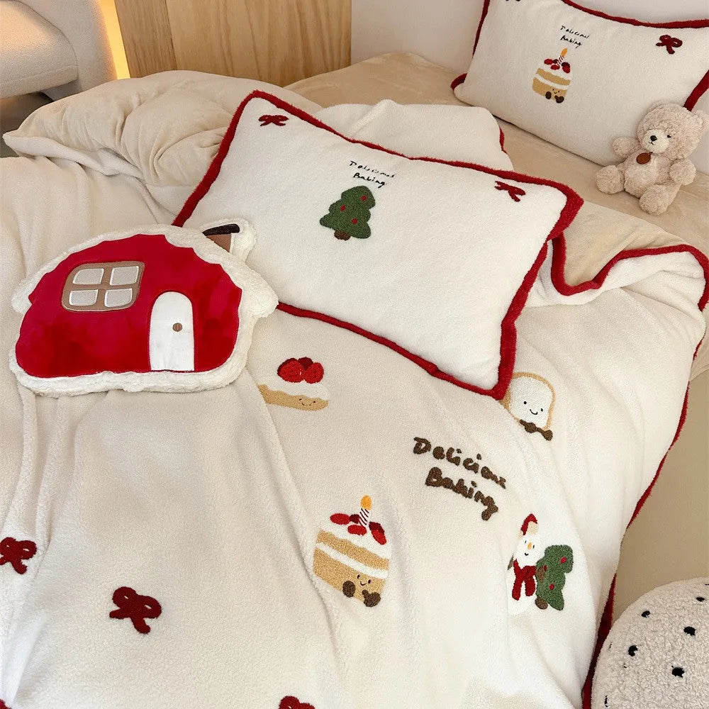 Winter Christmas cartoon bedding four-piece set with Xuefu Milk Pastry design on polyester bed sheet, duvet cover, and pillowcases