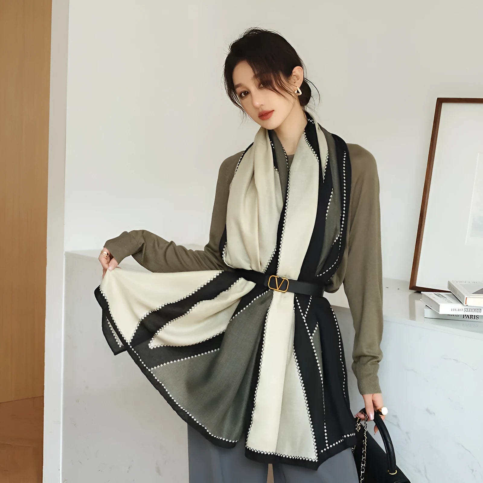 Polyester vintage print scarf draped to show 90x180cm dimensions and decorative pattern