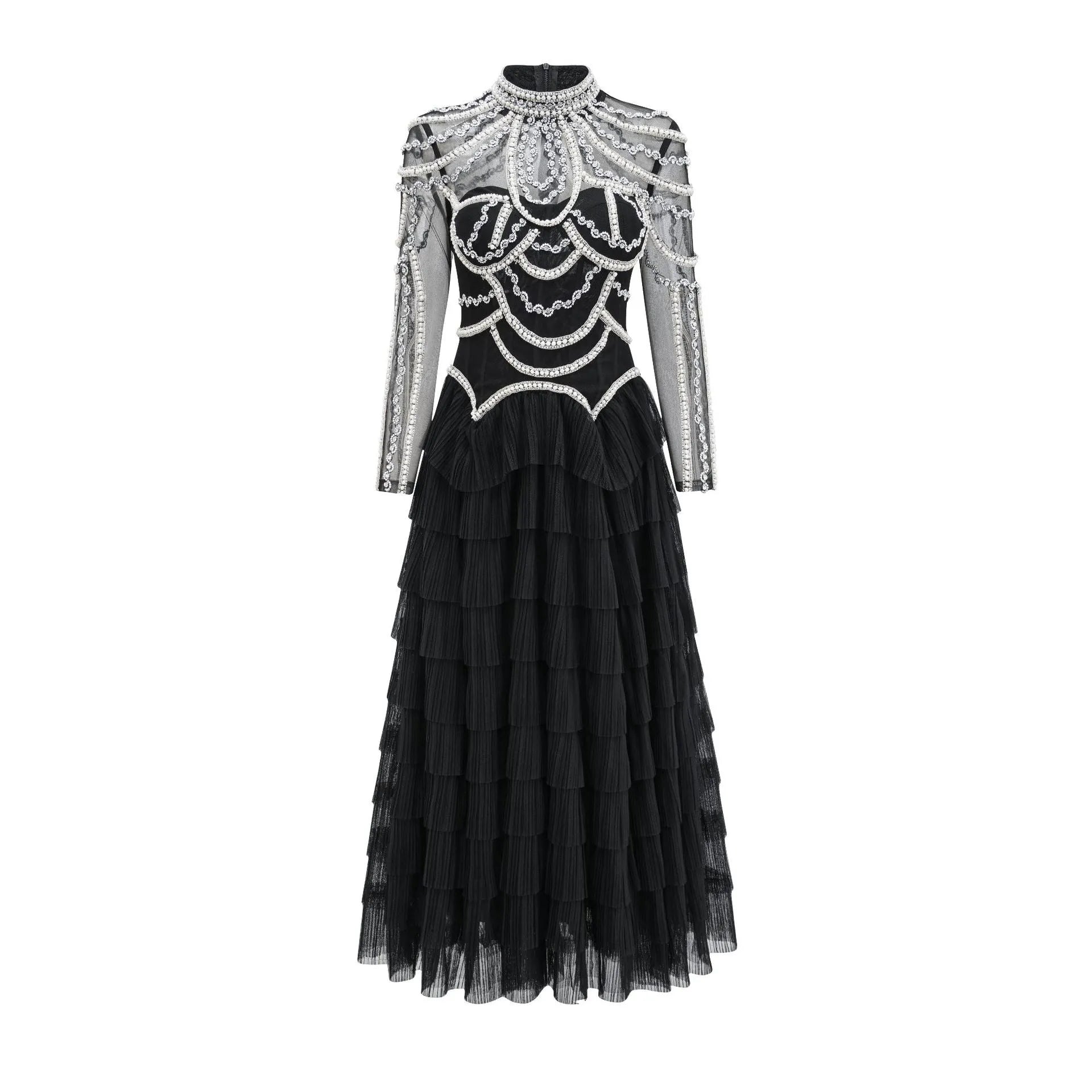 Women's black beaded long sleeve evening dress with three-dimensional decoration and mid-waist design